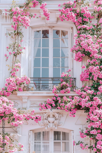 A charming French balcony adorned with vibrant pink roses climbing around ornate stonework and a white-framed window. The lush blooms add a romantic touch to the classical architecture facade.