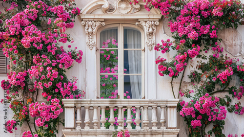 A charming French balcony adorned with vibrant pink roses climbing around ornate stonework and a white-framed window. The lush blooms add a romantic touch to the classical architecture facade. photo