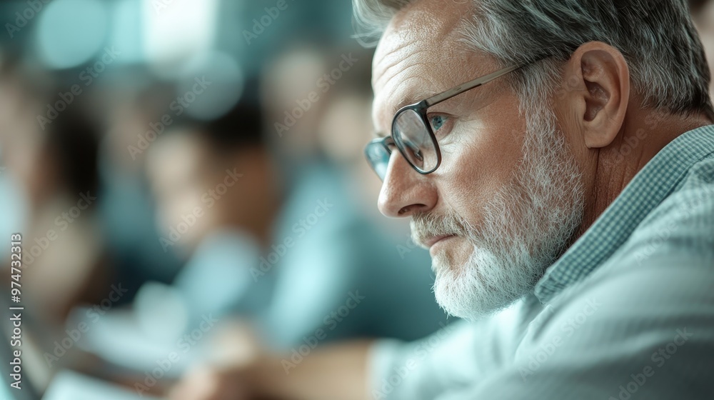 An elderly individual is deeply engaged in reading in a bright classroom setting, capturing a moment of concentration and learning amidst a busy background. An elderly individual is deeply engaged in reading in a bright classroom setting, capturing a moment of concentration and learning amidst a busy background.