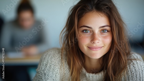 A young woman with freckles and a radiant smile sits comfortably, wrapped in a cozy sweater, emitting warmth and friendliness amidst a softly blurred background.