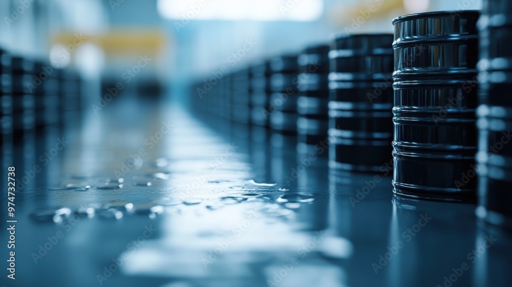 A series of industrial barrels lined up symmetrically, reflecting on a wet floor within a factory, suggesting the themes of industry, production, and cleanliness.