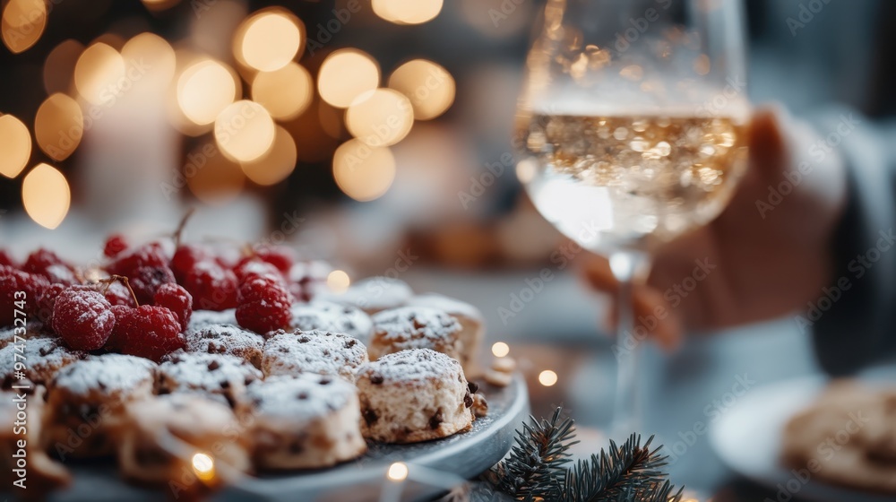 A festive dessert table adorned with pastries dusted with powdered sugar and garnished with raspberries next to a glass of wine, highlighting celebration and indulgence. A festive dessert table adorned with pastries dusted with powdered sugar and garnished with raspberries next to a glass of wine, highlighting celebration and indulgence.