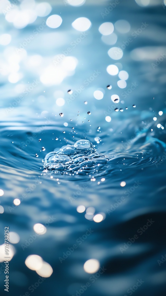 A close-up of water droplets creating ripples, showcasing the serene beauty of nature's water surface and light reflections.
