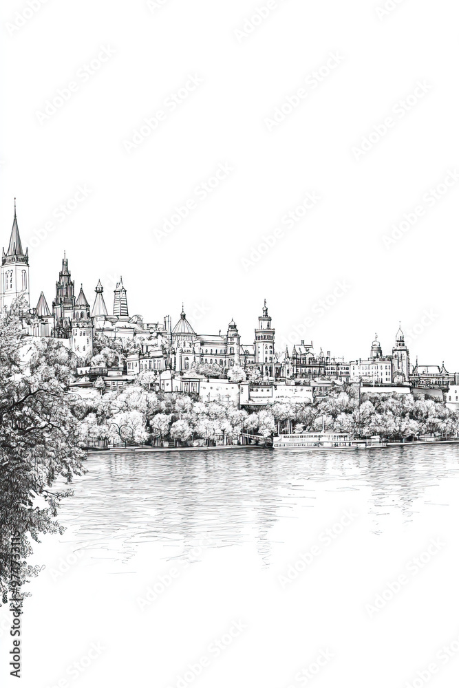 Fototapeta premium Kingston, Canada, black and white pen pencil hand-drawn effect portrait drawing illustration for travel poster, card, wallpaper, backdrop or banner. Modern, clear, artistic and simple
