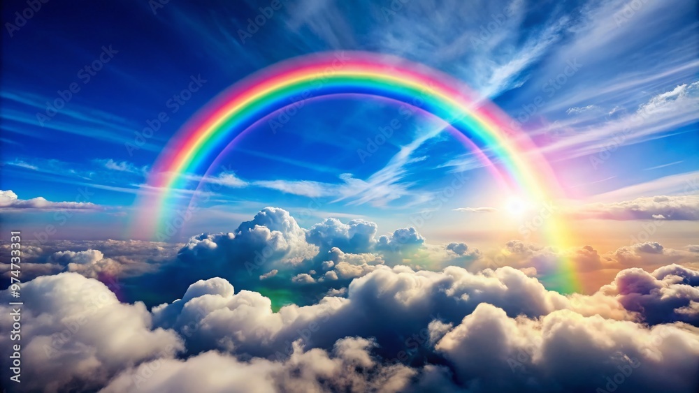 Vibrant rainbow stretches across a serene blue sky, its colors gradating from soft pink to deep indigo, framed by fluffy white clouds and sunlit mist. Vibrant rainbow stretches across a serene blue sky, its colors gradating from soft pink to deep indigo, framed by fluffy white clouds and sunlit mist.