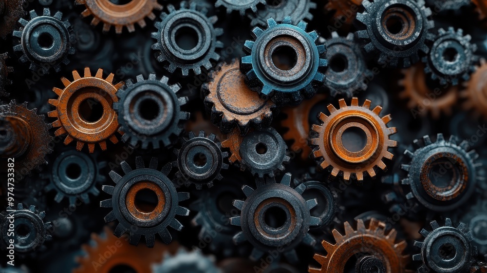 A close-up of multicolored metal gears, including orange and blue, forming a complex mechanical network representing engineering, technology, and industrial design.