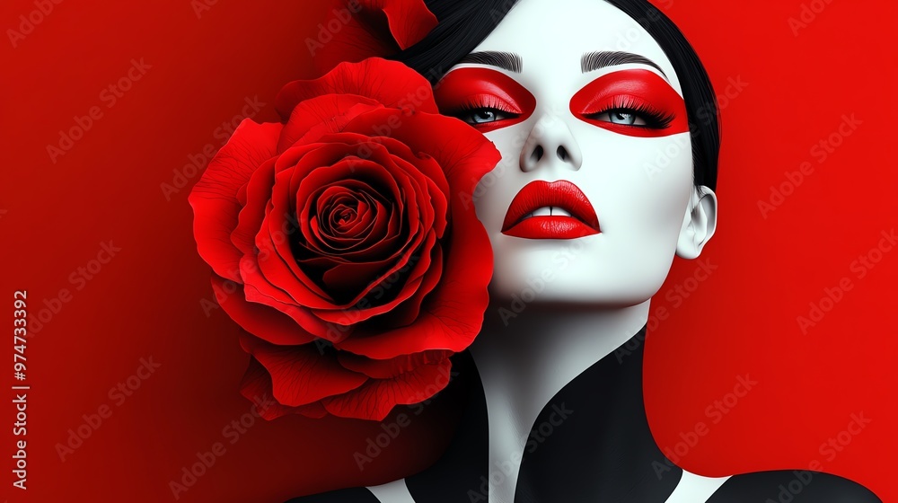 A woman with red lips and black makeup holds a red rose against a red background.