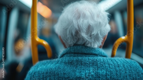 A senior person is comfortably seated in a bus, seen from behind wearing a blue knit sweater, capturing a quiet moment amidst the hustle and bustle of public transport. photo