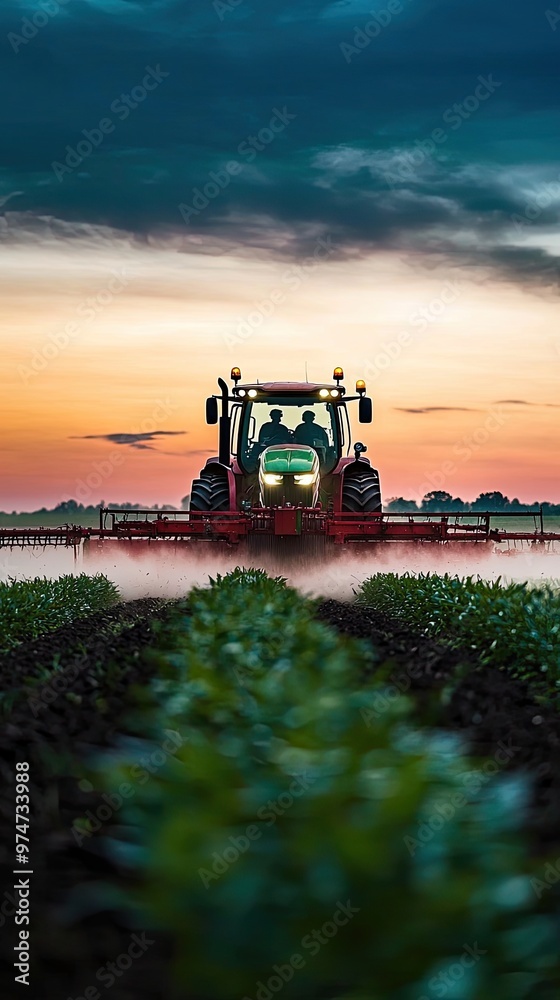 A red tractor spreads fertilizer across a field at sunset, casting a warm glow on the landscape. A red tractor spreads fertilizer across a field at sunset, casting a warm glow on the landscape.