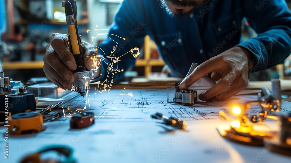 A skilled technician working on a blueprint with tools, showcasing creativity and precision in mechanical design. A skilled technician working on a blueprint with tools, showcasing creativity and precision in mechanical design.