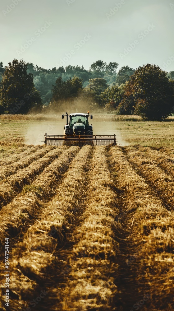 Fototapeta premium A Powerful Green Tractor Effortlessly Gathers Hay, Leaving Behind a Golden Trail in the Field, Under a Softly Lit Sky.