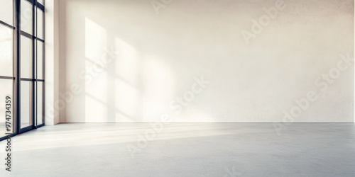 Empty room interiors in warm tones with a mix of natural window lighting and shadows. Minimalist apartment interior