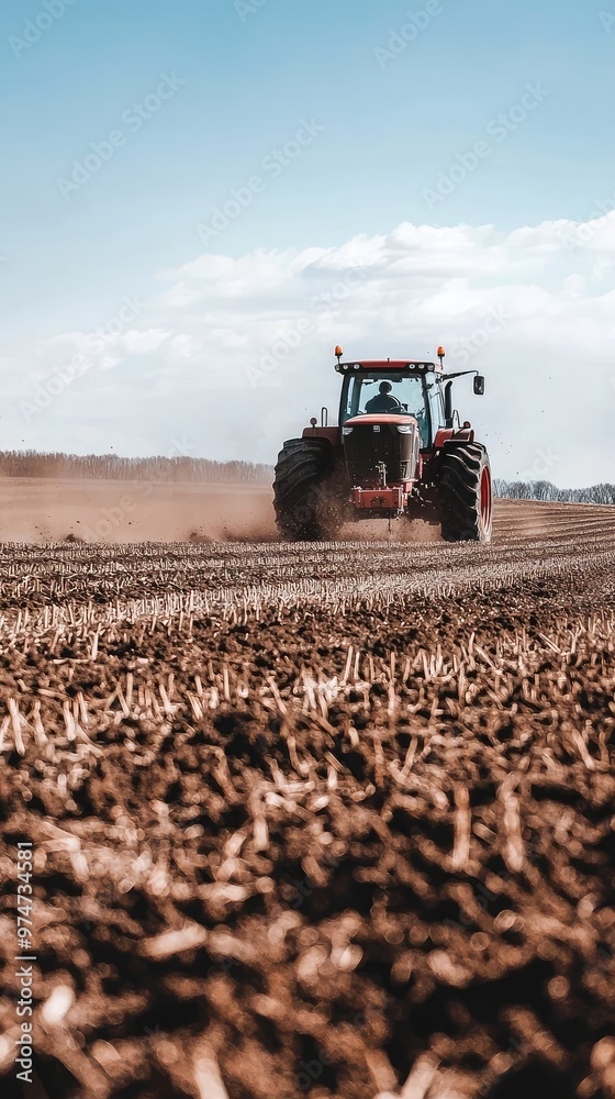 Fototapeta premium A Powerful Red Tractor Tills the Earth Under a Clear Midday Sky, Preparing for a New Harvest.