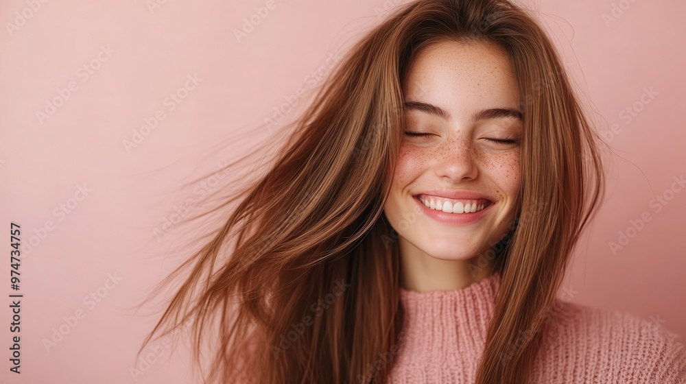 Fototapeta premium A young woman with a bright smile and wind-blown hair in a soft pink background, exuding joy and freshness, creating a sense of vibrant youthfulness and freedom.