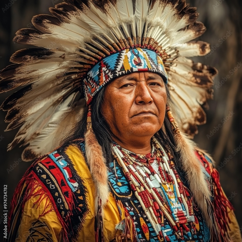 Obraz premium Indigenous man wearing traditional attire and headdress during ceremony