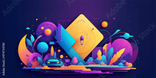 Vibrant Abstract Wave of Smart City with Multilayered Color Texture and Digital Elements - Global Technology and Social Network Concept for Web Banner Design