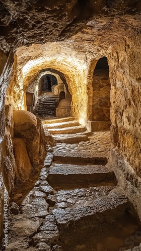 A Glimpse into the Depths: A Stone Stairway Descends into an Ancient Underground Catacomb.