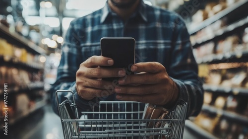 Shopping in a grocery store while using a smartphone for groceries photo