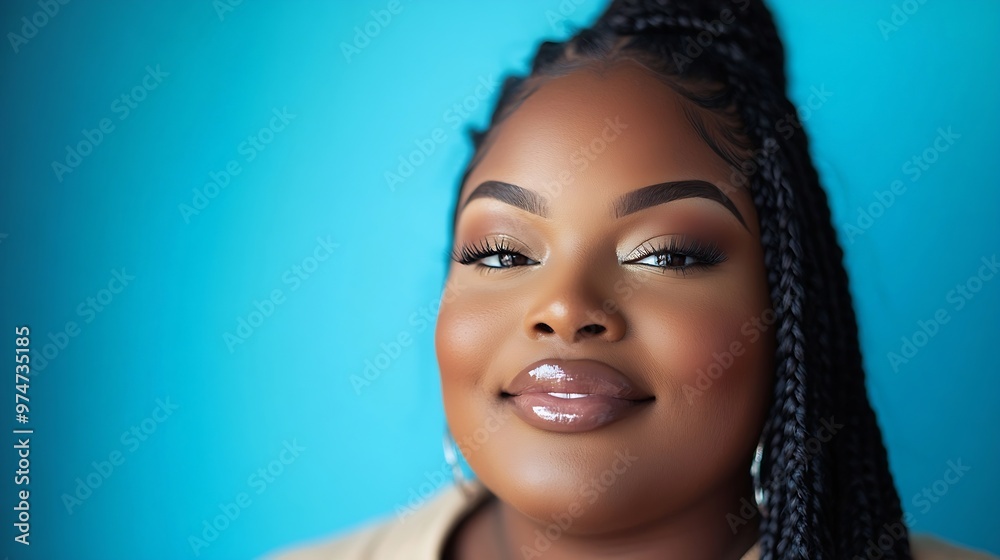 Plus size black female with braids in casual clothes smiling looking at camera against blue background : Generative AI Plus size black female with braids in casual clothes smiling looking at camera against blue background : Generative AI