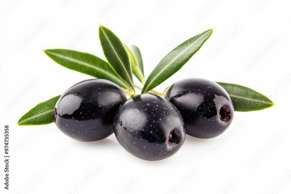 Isolated olives. Three black olive fruits on a branch with leaves isolated on white background, black olives with leaves Isolated olives. Three black olive fruits on a branch with leaves isolated on white background, black olives with leaves