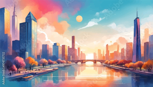 Vibrant Abstract Wave of Smart City with Multilayered Color Texture and Digital Elements - Global Technology and Social Network Concept for Web Banner Design
