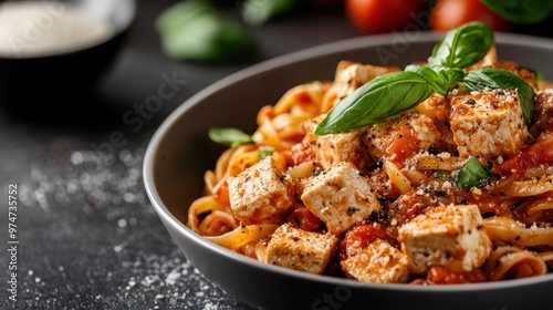 This appetizing spaghetti dish is enriched with savory tofu chunks and a rich tomato sauce, garnished with fresh basil leaves, presenting a mouth-watering meal full of flavor and color.