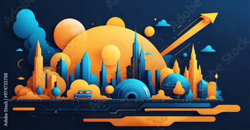 Vibrant Abstract Wave of Smart City with Multilayered Color Texture and Digital Elements - Global Technology and Social Network Concept for Web Banner Design