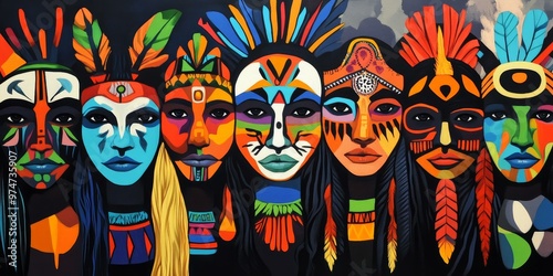 Colorful abstract faces with tribal headdresses.