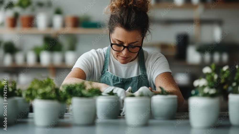 A person is carefully tending to potted plants in an indoor garden-like setting, indicative of a nurturing and calm environment that fosters growth and tranquility. A person is carefully tending to potted plants in an indoor garden-like setting, indicative of a nurturing and calm environment that fosters growth and tranquility.