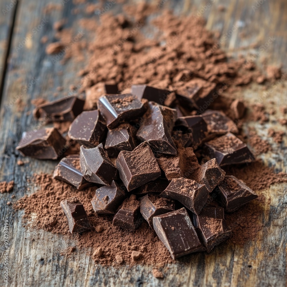 Chocolate Pieces – High-Quality Image of Broken Chocolate Chunks on a Rustic Wooden Surface Chocolate Pieces – High-Quality Image of Broken Chocolate Chunks on a Rustic Wooden Surface