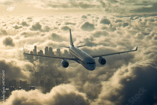A large jetliner flying over a city in the clouds.