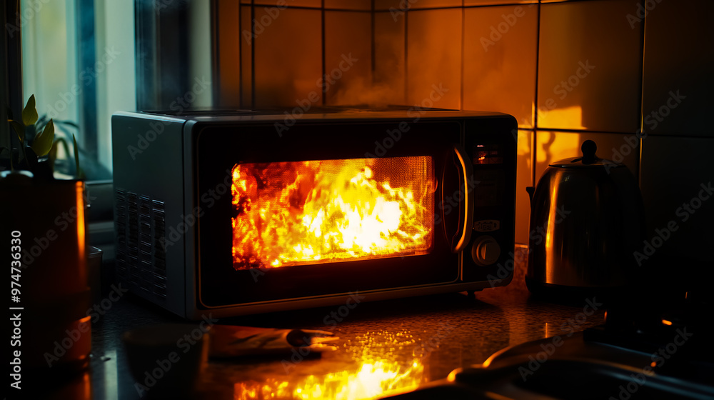 A microwave oven with a fire inside of it on a kitchen counter. A microwave oven with a fire inside of it on a kitchen counter.