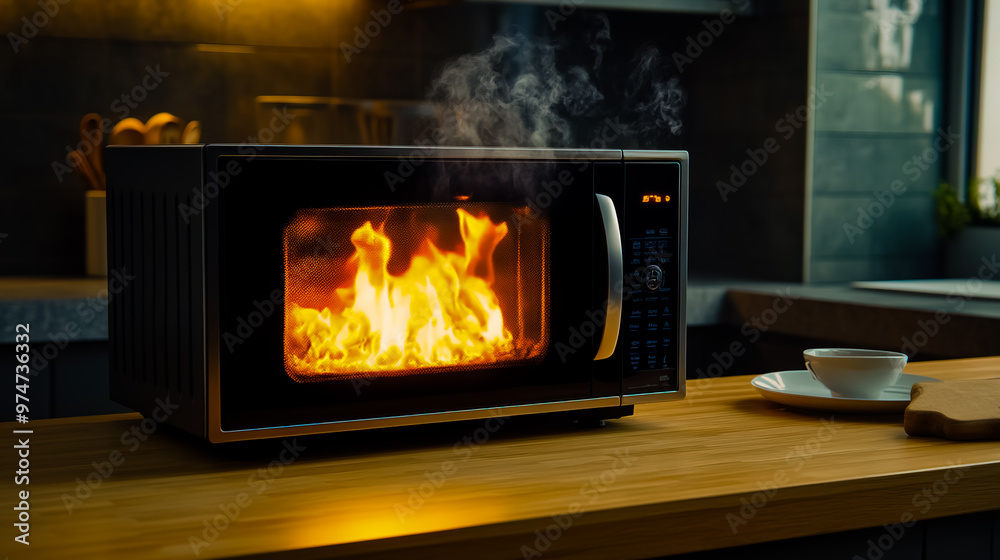 A microwave oven with a fire inside of it on a kitchen counter. A microwave oven with a fire inside of it on a kitchen counter.
