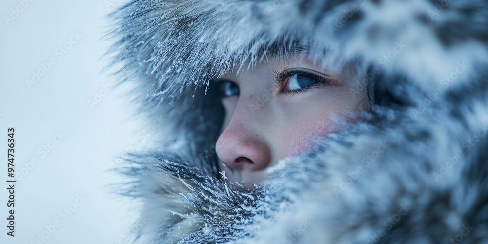 Close-up of a person's face bundled in fur. Close-up of a person's face bundled in fur.