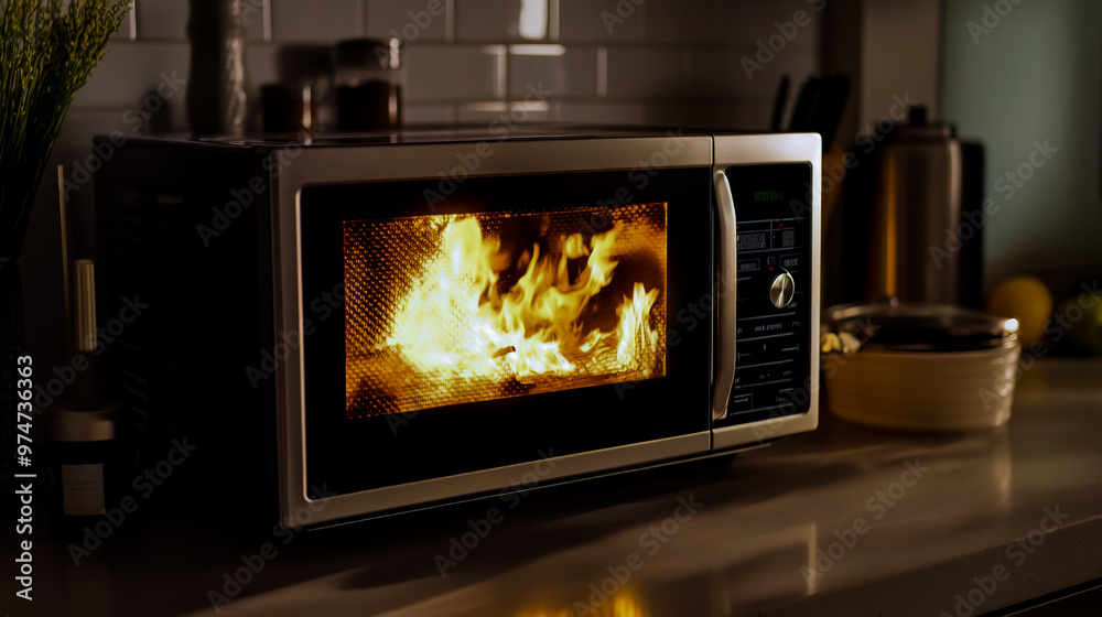 A microwave oven with a fire inside of it on a kitchen counter. A microwave oven with a fire inside of it on a kitchen counter.