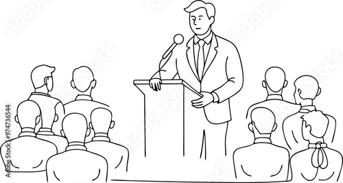 Business Conference Speaker at Rostrum - Line Drawing Illustration on black and white. 