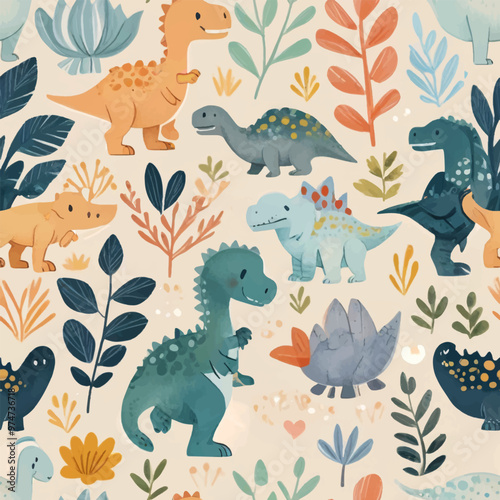 Wallpaper Mural Сhildish pattern with cute dinosaur, baby shower greeting card. Animal seamless background, cute vector texture for kids bedding, fabric, wallpaper, wrapping paper, textile, t-shirt print Torontodigital.ca