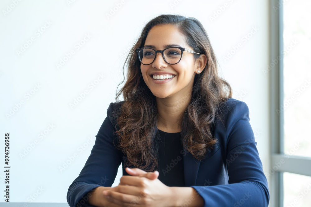 An Indian businesswoman in her 30s, wearing glasses, is happily smiling while sitting in her office in front of a window. An Indian businesswoman in her 30s, wearing glasses, is happily smiling while sitting in her office in front of a window.