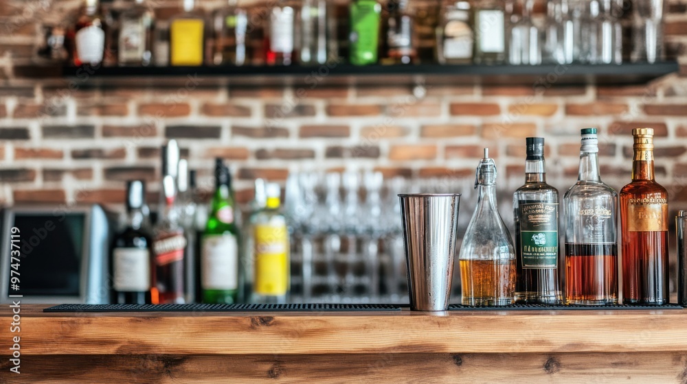 A bar setting with various bottles and a shaker on a wooden counter. A bar setting with various bottles and a shaker on a wooden counter.