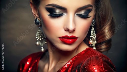 Vibrant smoky eyes with bold black liner, shimmery silver shadow, and luscious lashes complement a stunning red evening gown, perfect for a glamorous night out. photo