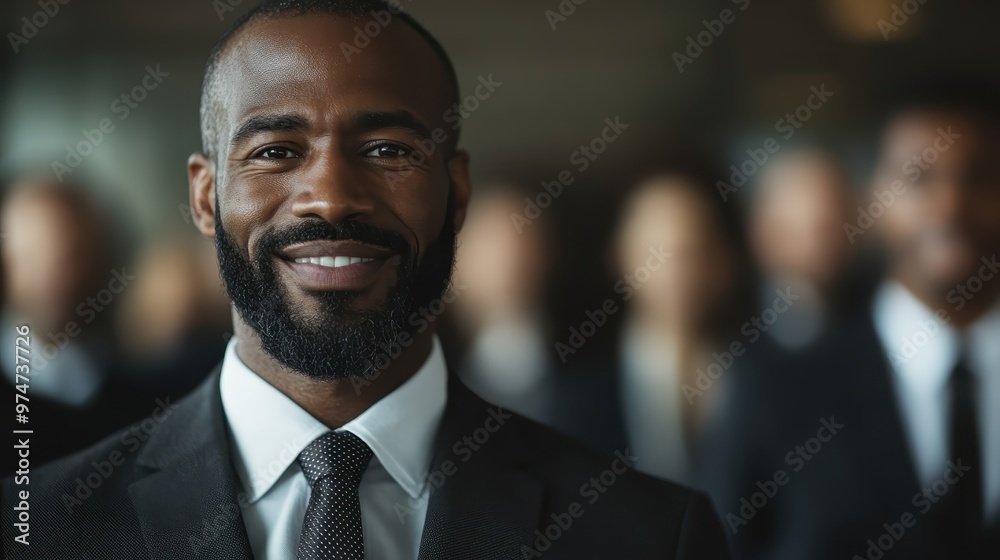 A smiling business professional stands confidently with a blurred group of associates behind, suggesting teamwork and a positive, productive work environment. A smiling business professional stands confidently with a blurred group of associates behind, suggesting teamwork and a positive, productive work environment.