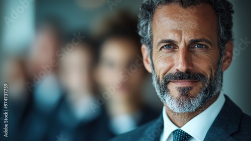 A seasoned entrepreneur confidently smiling with a blurred business team in the background suggesting leadership and experience in a professional environment.