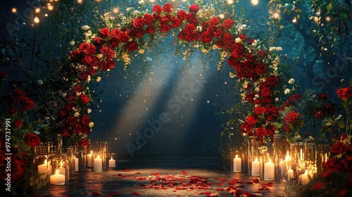 A romantic arch adorned with red roses and glowing candles, set in a magical atmosphere.