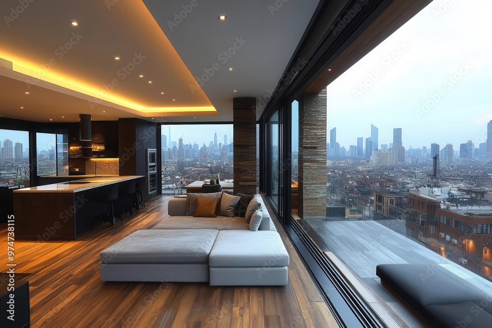 View of modern urban apartment interior seamlessly transitions to spacious ...