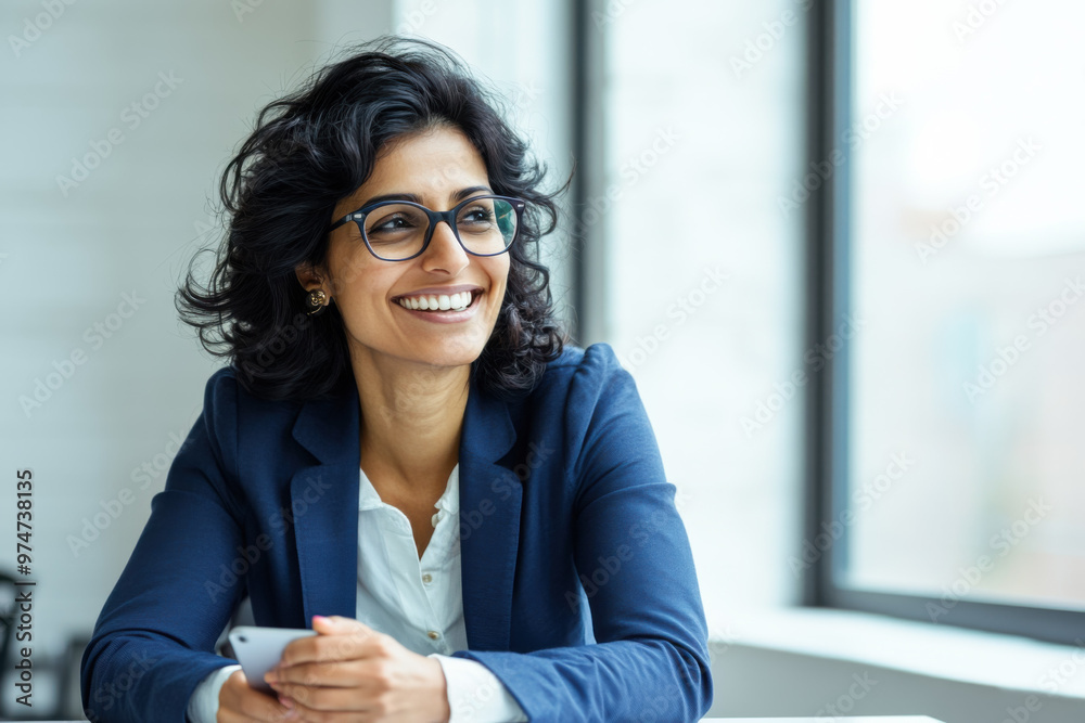 An Indian businesswoman in her 30s, wearing glasses, is happily smiling while sitting in her office in front of a window. An Indian businesswoman in her 30s, wearing glasses, is happily smiling while sitting in her office in front of a window.