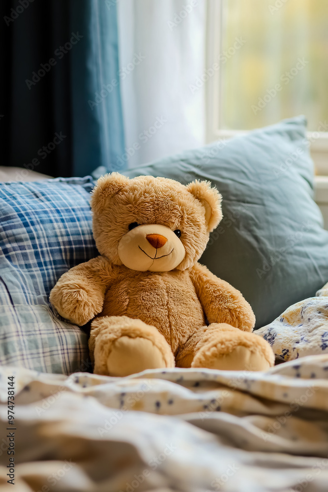 A Teddy bear sitting on a bed with a blanket and pillows. A Teddy bear sitting on a bed with a blanket and pillows.