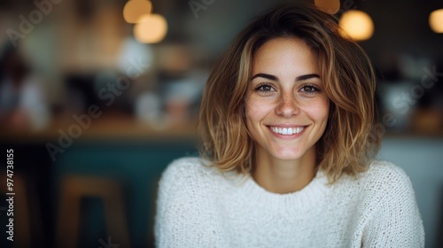 A woman with a radiant smile sits in a warmly lit cafe, embodying an inviting and cozy atmosphere while showcasing elegance and modern style in simplicity.