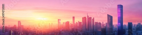 Panoramic city skyline at sunset with vibrant colors