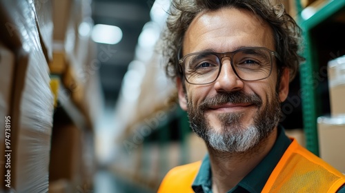 A smiling middle-aged man stands in a warehouse, donned in an orange safety vest, exuding professionalism and satisfaction in a tidy, organized industrial setting.