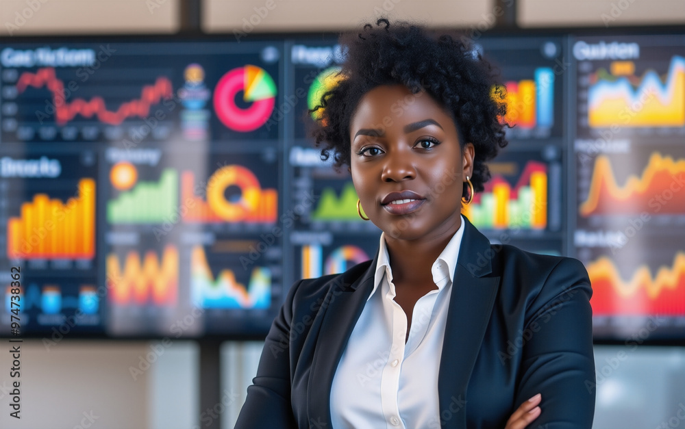 black woman presenting at office in front of screen with data charts diversity and inclusion black woman presenting at office in front of screen with data charts diversity and inclusion